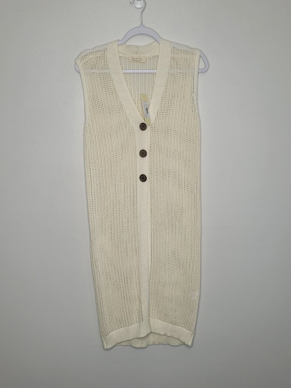 Doe & Rae cream open knit button front preppy old money long cardigan vest NWT S